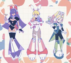 Rule 34 | 3girls, alia (mega man), animal ears, black leotard, black thighhighs, blonde hair, braid, breasts, carrot, cleavage, cup, dark-skinned female, dark skin, detached hair, fake animal ears, fishnet pantyhose, fishnets, full body, group picture, hair over eyes, highres, holding, holding cup, holding tray, layer (mega man), leotard, medium breasts, medium hair, mega man (series), mega man x8, mega man x (series), multiple girls, pallette (mega man), pantyhose, playboy bunny, purple hair, rabbit ears, robot girl, saku kinou, thighhighs, tray, twintails, white background, white leotard