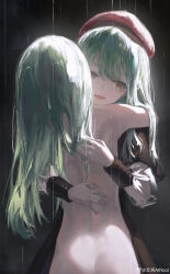 2girls absurdres airool bang_dream! bang_dream!_it&#039;s_mygo!!!!! beret commentary dual_persona english_commentary green_hair hat highres hug long_hair long_sleeves mortis_(bang_dream!) mortis_(costume)_(bang_dream!) mortis_(persona)_(bang_dream!) multiple_girls nude open_mouth rain red_hat red_pupils see-through_clothes see-through_sleeves sidelocks teeth upper_teeth_only wakaba_mutsumi watermark weibo_watermark