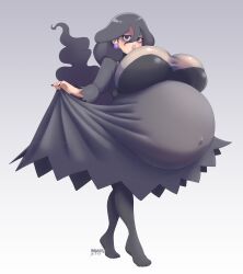 1girl @_@ absurdres big_belly breasts covered_navel earrings female_focus full_body hex_maniac_(pokemon_legends:_z-a) highres huge_breasts jewelry long_hair looking_at_viewer marrazan nail_polish nintendo no_shoes pokemon pokemon_legends:_z-a pregnant solo thighhighs