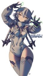 1girl absurdres coat_of_arms commentary covered_navel english_commentary frown gloves grey_hair half-closed_eyes headgear highres hologram leotard looking_at_viewer missile orange_eyes original personification saab_gripen short_hair signature solo thighhighs tre_kronor white_background zhvo
