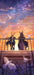 1girl 1other absurdres against_railing ambiguous_gender amiya_(arknights) animal_ears arknights asakara bird blue_eyes blue_jacket brown_hair coat doctor_(arknights) highres hood hood_up hooded_coat horns jacket long_sleeves looking_at_another miniskirt open_clothes open_coat open_jacket pantyhose pleated_skirt rabbit_ears railing rhodes_island_logo_(arknights) robe skirt standing sunset white_robe wide_shot