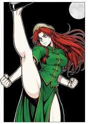 Rule 34 | 1girl, absurdres, black background, black shoes, blue eyes, braid, breasts, chinese clothes, green shirt, green skirt, hair ribbon, hat, hat ornament, high kick, highres, hong meiling, kicking, leg up, legs, long hair, medium breasts, moon, pale skin, panties, panty peek, red hair, red panties, ribbon, ryoan (voyagehermitage), serious, shirt, shoes, skirt, solo, star (symbol), star hat ornament, thighs, touhou, twin braids, underwear