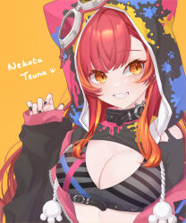 1girl absurdres animal_ear_hood belt_collar black_collar black_nails blush bra breasts character_name collar crop_top fake_animal_ears goggles goggles_on_head grin highres hood hood_up jacket multicolored_hair nekota_tsuna nekota_tsuna_(1st_costume) open_clothes open_jacket orange_eyes orange_hair red_hair simple_background smile solo streaked_hair striped_bra striped_clothes two-tone_hair underwear virtual_youtuber vspo! yellow_background zun_(zunzzzz_)