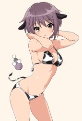 Rule 34 | 1girl, animal ears, animal print, arms behind head, arms up, bare shoulders, bikini, blush, breasts, brown eyes, cow ears, cow print, cow print bikini, cow tail, highres, looking at viewer, medium breasts, nagato yuki, nagato yuki-chan no shoushitsu, navel, print bikini, purple hair, simple background, solo, suzumiya haruhi no shoushitsu, suzumiya haruhi no yuuutsu, swimsuit, tail, yuiyu ki