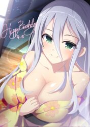 1girl bare_shoulders betterthanbone2 blush breasts cleavage collarbone floral_print gekkou_(senran_kagura) green_eyes grey_hair hair_between_eyes hand_on_own_chest happy_birthday highres japanese_clothes kimono large_breasts long_hair looking_at_viewer print_kimono senran_kagura senran_kagura_new_link september sitting smile sparkle yellow_kimono