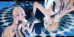 Rule 34 | 2girls, bare shoulders, black collar, black dress, blonde hair, blue eyes, breasts, cartethyia (wuthering waves), collar, commentary, crown of thorns, dress, dual persona, earrings, fleurdelys (wuthering waves), floating earrings, hand up, highres, horns, jewelry, letterboxed, long hair, long horns, looking at viewer, multiple girls, necklace, onigiri yumi09, parted lips, pointy ears, sidelocks, single horn, small breasts, smile, tabard, tacet mark (wuthering waves), white tabard, wuthering waves, yellow horns