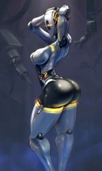 1girl arms_up ass bald bald_female breasts cutesexyrobutts female_focus glados highres joints large_breasts machinery neon_trim no_nipples one-eyed personification portal portal_(series) portal_1 portal_2 robot robot_joints solo yellow_eyes