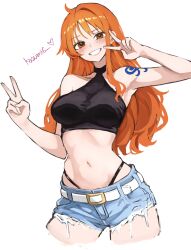 Rule 34 | 1girl, alternate costume, armpits, bare shoulders, belt, belt buckle, black shirt, blue shorts, blush, breasts, brown eyes, buckle, collarbone, commentary, cowboy shot, crop top, cropped shirt, denim, denim shorts, double v, frayed shorts, grin, heart, highleg, highleg panties, highres, kasumi 6, long hair, looking at viewer, medium breasts, midriff, nami (one piece), navel, one piece, orange hair, panties, shirt, short shorts, shorts, shoulder tattoo, simple background, single sidelock, skindentation, sleeveless, sleeveless shirt, smile, solo, symbol-only commentary, tattoo, underwear, v, wavy hair, white background, white belt