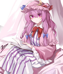 Rule 34 | 1girl, absurdres, blush, book, bow, bowtie, capelet, closed mouth, commentary, crescent, crescent hat ornament, dress, english commentary, frilled sleeves, frills, hair bow, hat, hat ornament, highres, long hair, long sleeves, mob cap, open book, patchouli knowledge, pink capelet, pink dress, pink hat, purple bow, purple eyes, purple hair, reading, red bow, red bowtie, signature, sitting, solo, striped clothes, striped dress, top-exerou, touhou, vertical-striped clothes, vertical-striped dress, very long hair, wide sleeves