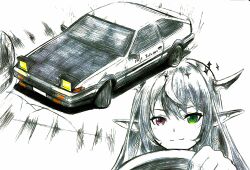 absurdres car carbonated_love_(hololive) drifting from_above fujiwara_takumi&#039;s_toyota_trueno_ae86 glowing green_eyes hachiroku_(maitetsu) hair_behind_ear heterochromia highres hololive hololive_english horns initial_d irys_(hololive) long_pointy_ears motor_vehicle parody pointy_ears pop-up_headlights red_eyes shifuto smile toyota toyota_86 toyota_sprinter_trueno vehicle_focus virtual_youtuber
