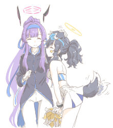 animal_ears back black_hair blue_archive blush cheerleader collared_shirt crop_top detached_collar dog_ears dog_girl dog_tail gakuran gloves goggles goggles_on_head hachimaki hand_on_another&#039;s_head hariyaa headband hibiki_(blue_archive) hibiki_(cheer_squad)_(blue_archive) high-low_coat highres long_hair millennium_cheerleader_outfit_(blue_archive) ouendan pants parted_bangs pleated_skirt pom_pom_(cheerleading) ponytail school_uniform shirt sidelocks skirt star_on_cheek strapless tail tail_wagging utaha_(blue_archive) utaha_(cheer_squad)_(blue_archive) white_gloves white_pants yuri