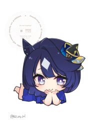 Rule 34 | 1girl, animal ears, barefoot, blue hair, blue shirt, braid, chibi, closed mouth, commentary request, diagonal-striped background, english text, hands up, horse ears, koruri, looking at viewer, lying, multicolored hair, on stomach, purple eyes, shirt, short sleeves, simple background, single hair intake, smile, solo, striped background, twitter username, two-tone hair, umamusume, verxina (umamusume), watermark, web address, white background, white hair