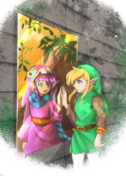 2boys animal_hood belt blonde_hair blue_eyes blue_scarf bracelet brown_belt brown_sleeves commentary different_reflection earrings gilbert677 gold_bracelet green_eyes green_hat green_tunic hat highres hood jewelry link mirror multiple_boys nintendo open_mouth pointy_ears purple_hair purple_tunic rabbit_hood ravio reflection scarf sidelocks striped_clothes striped_scarf the_legend_of_zelda the_legend_of_zelda:_a_link_between_worlds tunic