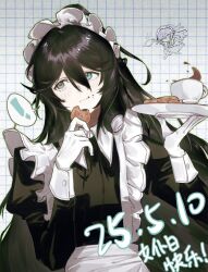 ! 1boy alternate_costume apron black_dress black_eyes black_hair blue_eyes chibi chibi_inset cookie crossdressing crossdressing_(mtf) dress eating food gloves heterochromia high_ponytail highres holding holding_tray hong_lu_(project_moon) jcm20040808 juliet_sleeves limbus_company long_hair long_sleeves looking_at_viewer maid maid_headdress male_focus male_maid ponytail project_moon puffy_sleeves simple_background solo tray upper_body very_long_hair white_apron white_background white_gloves