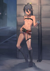 1girl absurdres ahoge averting_eyes bandaged_arm bandaged_hand bandages belt black_belt black_boots black_hair blue_eyes boots breasts censored closed_mouth collar commentary_request commission corner cross-laced_shoes full_body glasses hair_between_eyes hair_ornament highres knee_boots lace-up_boots long_bangs medium_hair mosaic_censoring nervous_smile night nipples nude original outdoors public_indecency public_nudity pussy pussy_juice red-framed_eyewear red_collar semi-rimless_eyewear sidewalk sideways_glance skeb_commission small_breasts smile solo sweat tan tanline under-rim_eyewear while_d x_hair_ornament