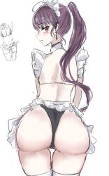 1girl alternate_costume apron ass back black_panties blush dolla_(nikke) enmaided frilled_apron frills from_behind goddess_of_victory:_nikke highres huge_ass long_hair looking_at_viewer looking_back maid maid_headdress miumiumi_99 multiple_views panties ponytail purple_eyes purple_hair simple_background thigh_gap thighhighs underwear white_background white_thighhighs wide_hips
