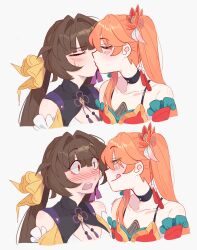 2girls :q bare_shoulders black_choker blunt_bangs blush brown_hair choker dress grey_background guinaifen_(honkai:_star_rail) hair_intakes highres honkai:_star_rail honkai_(series) kiss multiple_girls nose_blush orange_hair red_dress simple_background spaghetti_strap sushang_(honkai:_star_rail) tongue tongue_out unfamousradish upper_body yuri