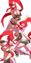 Rule 34 | 1girl, ass, bare shoulders, belt, bikini, bikini top only, black shorts, breasts, butt crack, cleavage, closed mouth, female focus, fingerless gloves, flame print, gloves, hair ornament, highres, large breasts, long hair, looking at viewer, looking back, midriff, multiple views, navel, pink scarf, ponytail, red hair, scarf, short shorts, shorts, skull hair ornament, smile, swimsuit, tail, tengen toppa gurren lagann, ura dora, very long hair, white background, white belt, yellow eyes, yoko littner
