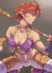 1girl animal_ears body_fur bottomless breasts breath_of_fire breath_of_fire_ii brown_background cleavage clothing_cutout collar cross-laced_clothes cross-laced_cutout expressionless facial_mark fingerless_gloves gloves gold_armlet gold_trim holding holding_staff medium_breasts metal_collar navel orange_hair purple_gloves katt_(breath_of_fire) ryon_(yasagure_un) short_hair simple_background squatting staff stirrup_footwear tail turning_head weapon yellow_eyes