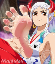 Rule 34 | 1girl, bare arms, bare shoulders, barefoot, blurry, breasts, brown eyes, closed mouth, curled horns, earrings, feet, foot focus, foreshortening, green hair, hair ornament, hair stick, hakama, horns, japanese clothes, jewelry, kimono, long hair, looking at viewer, majdutsu, multicolored hair, multicolored horns, one piece, oni, red horns, rope, shimenawa, sideboob, sleeveless, sleeveless kimono, soles, solo, toes, v-shaped eyebrows, watermark, white hair, yamato (one piece)