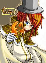 1boy 2000s_(style) blue_eyes brown_cape brown_capelet cape capelet chinese_commentary closed_mouth commentary_request cosket fire fur-trimmed_capelet fur_trim gloves grey_hat hat high_wizard_(ragnarok_online) looking_at_viewer male_focus medium_hair orange_hair pyrokinesis ragnarok_online shirt smile solo top_hat upper_body white_gloves white_shirt