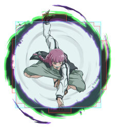 1girl aura black_jacket black_nails blazblue blunt_bangs blush bocchi_the_rock! bow closed_eyes closed_mouth collarbone commentary dress fang fang_out fighting_game full_body geta green_bow green_dress hair_bow hiroi_kikuri hitbox jacket long_hair long_sleeves low-braided_long_hair low-tied_long_hair medium_dress midair multicolored_jacket nail_polish nose_blush open_clothes open_jacket pink_hair simple_background smile solo susanoo_(blazblue) torako_(toramaru) two-tone_jacket white_background white_jacket