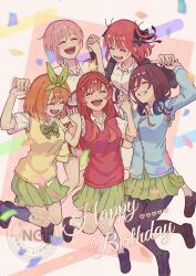 5girls absurdres ahoge black_jacket black_pantyhose black_socks blue_cardigan blue_eyes cardigan clenched_teeth closed_eyes collared_shirt commentary confetti full_body go-toubun_no_hanayome green_ribbon green_skirt hair_between_eyes hair_ornament hair_ribbon happy_birthday headphones headphones_around_neck highres holding_hands jacket jumping loafers long_hair_between_eyes long_sleeves multiple_girls nakano_ichika nakano_itsuki nakano_miku nakano_nino nakano_yotsuba open_mouth orange_hair pantyhose pastel_milk pink_hair pleated_skirt quintuplets red_hair red_sweater_vest ribbon school_uniform shirt shoes short_hair short_sleeves siblings sisters skirt smile socks star_(symbol) star_hair_ornament sweater_vest teeth twitter_username watermark white_shirt white_socks yellow_sweater_vest