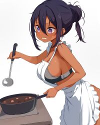 1girl absurdres apron black_bra black_hair bra breasts cleavage cooking cooking_pot dark-skinned_female dark_skin food hair_between_eyes highres holding holding_cooking_pot holding_ladle ladle ogaoekaki original purple_eyes sideboob solo stove sweat underwear white_apron white_background