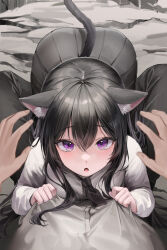 1boy 1girl :o absurdres all_fours animal_ear_fluff animal_ears black_hair black_skirt blurry cat_ears cat_girl cat_tail clothes_grab clothes_pull hair_between_eyes highres lillly long_hair long_sleeves looking_at_viewer necktie open_mouth original pants pleated_skirt pov pov_hands purple_eyes shirt shirt_grab skirt solo_focus tail tail_raised white_shirt