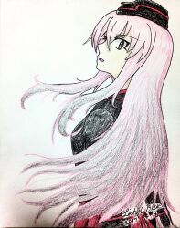 Rule 34 | absurdres, artist name, black hat, black jacket, dated, garrison cap, girls und panzer, girls und panzer little army, hat, highres, jacket, kuromorimine military uniform, lichyiblue, long hair, looking at viewer, looking back, one-hour drawing challenge, pink hair, red skirt, sheska (girls und panzer), skirt, traditional media