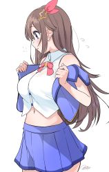 1girl absurdres blue_eyes blue_skirt blue_vest breasts brown_hair collared_shirt commentary contrapposto cowboy_shot cropped_shirt cropped_vest dressing flying_sweatdrops from_side hair_flaps hair_ornament hair_ribbon hairclip highres hololive idol large_breasts long_hair looking_down midriff miniskirt navel neck_ribbon ogura_toast pleated_skirt red_ribbon ribbon shirt simple_background skirt sleeveless sleeveless_shirt solo star_(symbol) star_hair_ornament sweat symbol-only_commentary tareme tokino_sora tokino_sora_(1st_costume) undressing vest virtual_youtuber wet wet_clothes white_background white_shirt