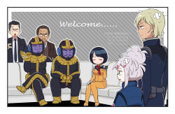 2girls 5boys anger_vein artist_name bandaid beard black_hair black_suit blue_eyes bob_cut breasts closed_eyes closed_mouth commentary couch deux_murasame english_text facial_hair formal_clothes freckles gaia_(gundam) gates_capa grey_hair gundam gundam_gquuuuuux helmet highres jacket long_hair mecha_pilot_suit mixed-language_text multiple_boys multiple_girls nanananona necktie normal_suit_(gundam) on_couch open_mouth ortega_(gundam) science_fiction shiiko_sugai shirt short_hair smile suit symbol-only_commentary twitter_username