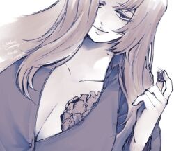 1girl breasts chest_tattoo coin greyscale heart heart_tattoo holding holding_coin huge_breasts limbus_company long_hair looking_at_viewer monochrome parted_bangs parted_lips project_moon rodion_(project_moon) simple_background solo tattoo very_long_hair yatsumeunagi