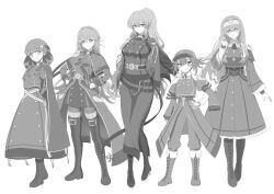 Rule 34 | 5girls, belt, boots, breasts, buttons, double-breasted, dress, duel monster, exosister elis, exosister irene, exosister martha, exosister sophia, exosister stella, greyscale, hair between eyes, hair intakes, hair ornament, knee boots, kyrion, long hair, long sleeves, looking at viewer, medium hair, monochrome, multiple girls, pants, ponytail, smile, standing, thigh boots, white background, yu-gi-oh!