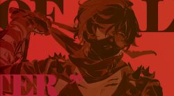Rule 34 | 1boy, absurdres, bishounen, character name, english text, gloves, greyscale with colored background, hair over one eye, highres, jacket, lighter (zenless zone zero), looking at viewer, male focus, mask, mindscape cinema (zenless zone zero), monochrome, mouth mask, official art, one eye covered, open mouth, orange theme, parted lips, red background, red theme, round eyewear, sample watermark, scarf, short hair, shoulder spikes, simple background, solo, spikes, tattoo, upper body, watermark, zenless zone zero