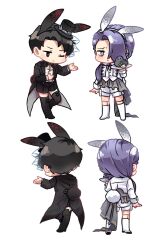 animal_ear_hairband animal_ears astolfo_(project_moon) bird black_boots black_eyes black_hair black_suit boots chibi chibi_only corset fake_animal_ears formal_clothes frown full_body grey_skirt hair_over_one_eye hair_over_shoulder hairband hand_on_own_stomach hat highres holding holding_plate kemonomimi_mode knee_boots library_of_ruina looking_at_viewer low_ponytail male_focus multiple_views one_eye_closed outstretched_hand pigeon plate ponytail project_moon purple_hair rabbit_ear_hairband rabbit_ears rabbit_tail roland_(project_moon) short_hair skirt standing standing_on_one_leg suit tail tailcoat thighhighs top_hat veil white_background white_boots wuruko zettai_ryouiki