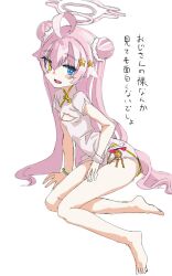1girl ahoge arm_support bare_legs barefoot blue_archive blue_eyes blush bracelet china_dress chinese_clothes cleavage_cutout clothing_cutout commentary_request double_bun dress fang feet flat_chest full_body fumino5jyo hair_bun hair_ornament hair_scrunchie halo hand_on_own_thigh heterochromia highres hoshino_(blue_archive) hoshino_(flowery_charms)_(blue_archive) jewelry long_hair mahjong_soul mandarin_collar open_mouth pink_halo scrunchie short_sleeves shorts_under_dress side_slit side_up_bun simple_background sitting sketch skin_fang smile solo star_(symbol) star_hair_ornament thighs toes translation_request twisted_torso very_long_hair white_background white_dress yellow_eyes yokozuwari