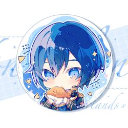 1boy band_uniform blue_eyes blue_hair blue_nails character_name chibi chibi_only chulixun1 eating english_text epaulettes food hair_between_eyes hands_up highres holding holding_food kaito_(vocaloid) male_focus short_hair solo upper_body vocaloid