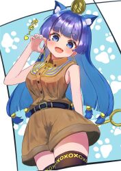 1girl animal_ear_fluff animal_ears belt black_thighhighs blue_eyes blue_hair brown_shirt brown_shorts cat_ears cat_girl claw_pose collared_shirt earrings extra_ears facial_mark gao gold gold_buckle gold_hairband gold_headdress gold_headwear hairband highres jewelry kemonomimi_mode key_earrings long_hair looking_at_viewer michigami_nareko open_mouth paw_print pico_kimuchi scepter shirt shorts simple_background sleeveless tail thighhighs touhou triangle triangle_facial_mark usekh_collar