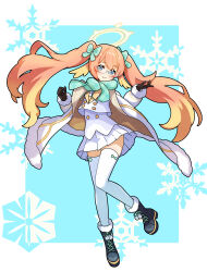 Rule 34 | 1girl, absurdres, black boots, black gloves, blonde hair, blue archive, blue eyes, boots, bow, bowtie, buttons, coat, commentary request, contrapposto, double-breasted, full body, glasses, gloves, hair bow, halo, happy, highres, long hair, looking at viewer, miniskirt, multicolored hair, orange hair, plaid bow, plaid bowtie, plaid clothes, plaid scarf, poipoi v game, scarf, semi-rimless eyewear, shimiko (blue archive), skirt, solo, thighhighs, twintails, under-rim eyewear, very long hair, white thighhighs, winter clothes, winter coat, winter uniform, yellow halo, zettai ryouiki