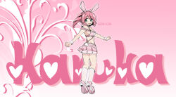 Rule 34 | 1girl, an sin, animal ear hairband, animal ears, blue eyes, character name, commentary, crop top, fake animal ears, hairband, hanabishi haruka, heart, high school dxd, highres, looking at viewer, looking back, mahou shoujo ni akogarete, open mouth, pink background, pink hair, pink shirt, pink shoes, pink skirt, pink thighhighs, rabbit ear hairband, rabbit ears, shirt, shoes, skirt, smile, socks, solo, thighhighs, twintails, white socks
