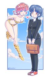 2girls absurdres ass blue_hair blush_stickers bra breasts brown_hair cleavage closed_eyes cloud cloudy_sky company_connection cosplay demon_horns floating geraldjess1 heart highres horns lum lum_(cosplay) moroboshi_ataru moroboshi_ataru_(cosplay) multiple_girls open_mouth ranma-chan ranma_1/2 saotome_ranma short_hair sky standing tendou_akane underwear urusei_yatsura yuri
