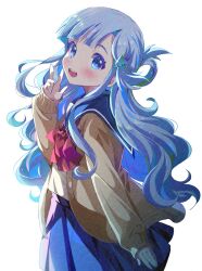 Rule 34 | 1girl, animal hair ornament, arm at side, asari nanami, asymmetrical bangs, blue eyes, blue hair, blue nails, blue skirt, blunt bangs, blush, bow, bowtie, brown cardigan, cardigan, commentary request, dolphin hair ornament, fingernails, from side, hair rings, hand up, highres, idolmaster, idolmaster cinderella girls, long hair, long sleeves, looking at viewer, looking back, looking to the side, michii yuuki, nail polish, open cardigan, open clothes, open mouth, red bow, red bowtie, school uniform, shirt, sidelocks, simple background, single hair ring, skirt, smile, solo, standing, swept bangs, teeth, tongue, upper teeth only, very long hair, wavy hair, white background, white shirt