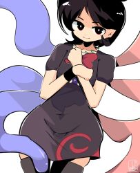 Rule 34 | 1girl, asymmetrical wings, black dress, black eyes, black hair, black thighhighs, blue wings, bow, bowtie, center frills, closed mouth, commentary, cowboy shot, dress, dushiido, english commentary, frills, highres, houjuu nue, looking at viewer, red bow, red bowtie, red wings, short hair, short sleeves, signature, simple background, smile, solo, thighhighs, touhou, variant set, white background, wings