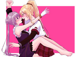 2girls absurdres after_kiss arm_up ascot bare_arms bare_legs bare_shoulders barefoot black_sleeves blonde_hair blue_ascot blue_bow blue_bowtie blue_eyes blue_skirt blue_vest blush border bow bowtie brown_scrunchie collared_vest commentary_request cowboy_shot eye_contact face-to-face feet fingernails frilled_shirt frilled_skirt frills from_side full_body gloves grey_hair hair_between_eyes hair_bun hair_ornament hair_scrunchie hair_spread_out high-waist_skirt high_ponytail highres kamihama_university_affiliated_school_uniform knees_up lapels layered_sleeves long_hair long_sleeves looking_at_another lower_teeth_only magia_record:_mahou_shoujo_madoka_magica_gaiden magical_girl mahou_shoujo_madoka_magica miniskirt multiple_girls nape_braid noses_touching notched_lapels open_clothes open_vest outside_border outstretched_arm pencil_skirt pink_background pink_eyes plaid_clothes plaid_skirt pleated_skirt pocket pointy_nose ponytail red_sailor_collar red_skirt sailor_collar school_uniform scrunchie shirt short_over_long_sleeves short_sleeves sidelocks single_hair_bun skirt sleeveless sleeveless_shirt sweat teeth thighhighs toenails toes togame_momoko ultimate_magnum upper_teeth_only very_long_hair vest white_border white_gloves white_shirt white_thighhighs yakumo_mitama yuri