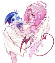 1boy 1girl angel angel_wings animification artist_name blue_eyes blue_skin breasts character_doll cleavage colored_skin cookie_run cookie_run:_kingdom dress eternal_sugar_cookie fflyaga halo highres holding humanization long_hair long_sleeves looking_at_viewer pink_eyes pink_hair pink_skin shadow_milk_cookie very_long_hair white_hair wings