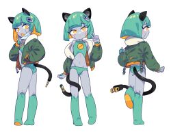 Rule 34 | 1girl, absurdres, android, animal ears, aqua bikini, aqua boots, aqua hair, ass, audio jack, bikini, blush, bob cut, boots, cable, cable tail, colored skin, dot nose, electric plug, electric plug tail, fang, flat ass, flat chest, green jacket, grey skin, hair ornament, hamma, highres, jacket, mechanical tail, mint star (hamma), multiple views, off shoulder, simple background, swimsuit, tail, v, white background, yellow eyes