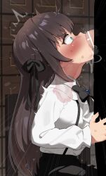 1boy 1girl absurdres alina_clover bar_censor black_bow black_bowtie black_skirt bow bowtie brown_hair censored deepthroat fellatio from_side green_eyes guild_no_uketsukejou_desu_ga_zangyou_wa_iya_nanode_boss_wo_solo_toubatsu_shiyou_to_omoimasu heart heart-shaped_pupils hetero highres long_hair mizumizuni oral penis profile shirt skirt solo_focus symbol-shaped_pupils white_shirt x-ray
