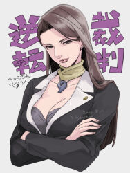 1girl ace_attorney bad_tag badge breasts brown_eyes brown_hair button_badge cleavage collarbone copyright_name crossed_arms dated earrings eyelashes fingernails formal_clothes grey_background hair_intakes jacket jewelry large_breasts light_smile lips long_hair long_sleeves magatama magatama_necklace mia_fey mole mole_under_mouth necklace scarf signature solo suit suzuki_hayase upper_body yellow_scarf