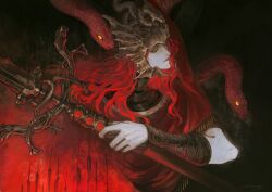 Rule 34 | 1boy, absurdres, armor, chainmail, closed mouth, elden ring, helmet, highres, holding, holding weapon, long hair, male focus, messmer the impaler, one-eyed, one eye closed, red hair, red snake, robe, snake, solo, solo focus, ssanagi00, upper body, weapon, yellow eyes
